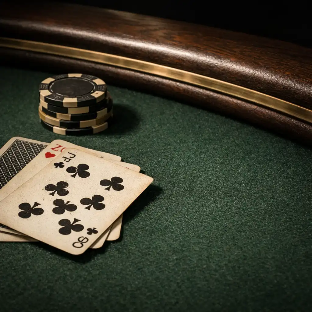 Real playing cards on textured dark-green felt beside a finished poker table rail.