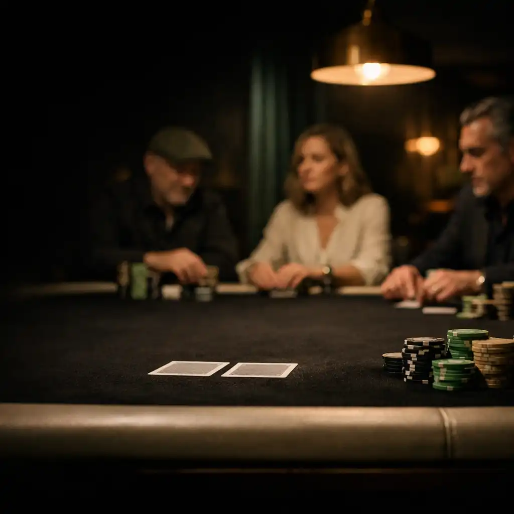 Real cards and a dark felt poker table in the Card Lounge, with composed players beyond the table edge.