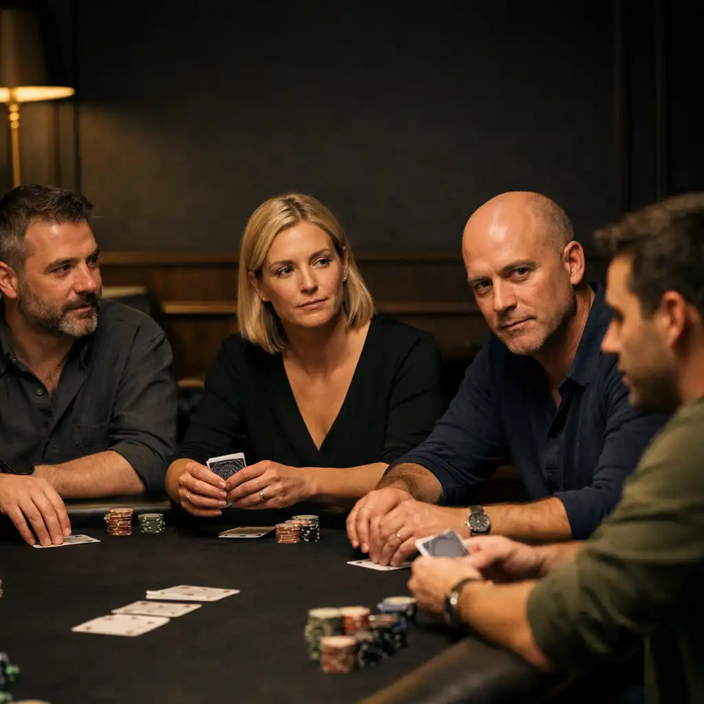 Composed adult players seated around a real poker table in a refined dark card lounge.