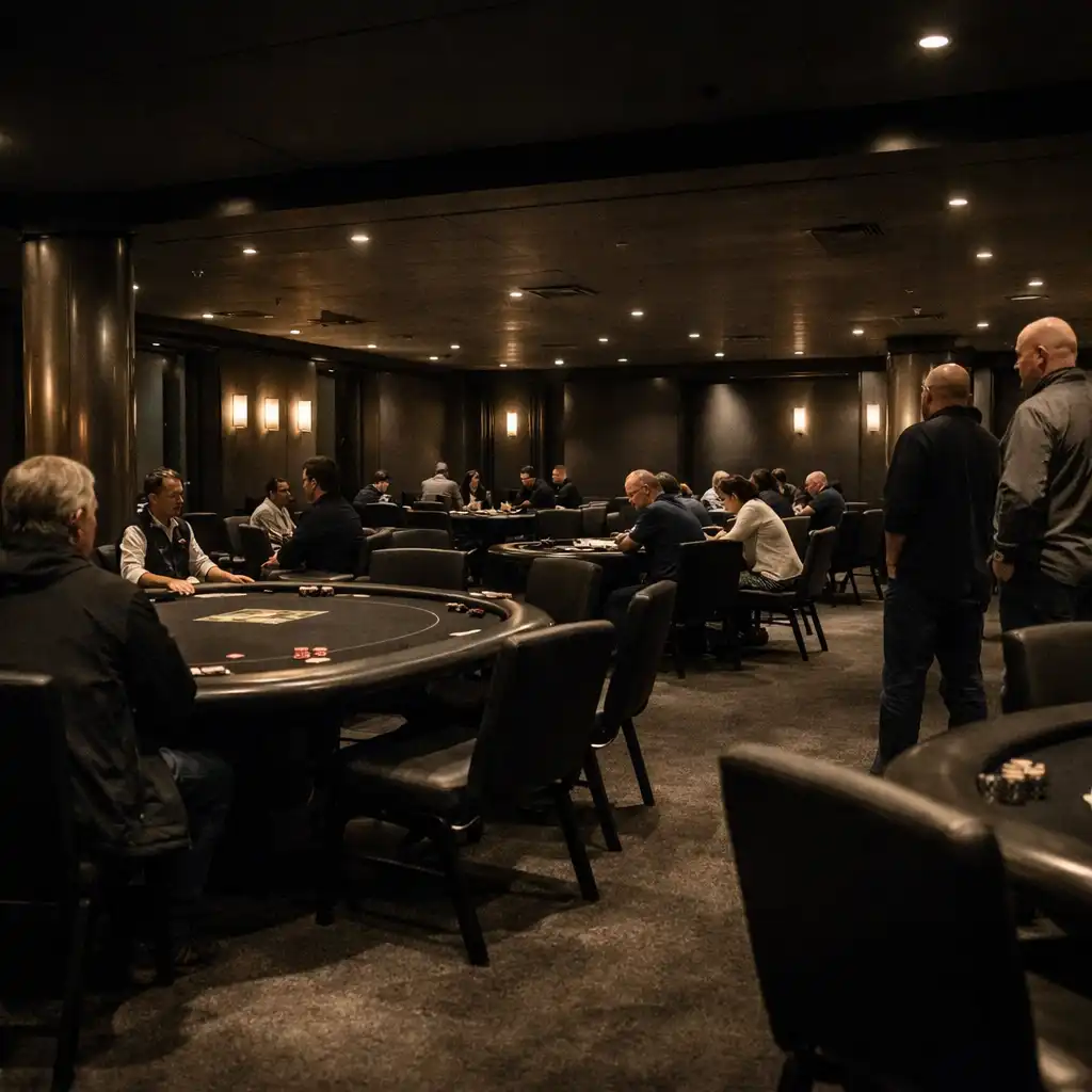 A wide view across real poker tables in the dedicated poker room, lit by warm practical light.