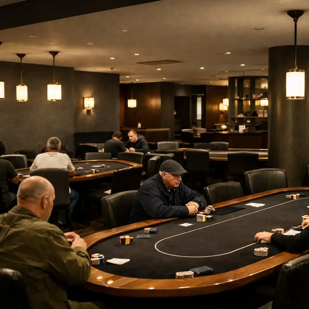 Dedicated poker room with real poker tables under warm practical lighting