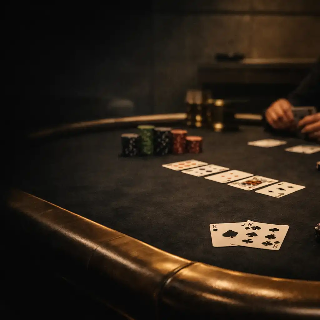 Real playing cards arranged on a black felt poker table