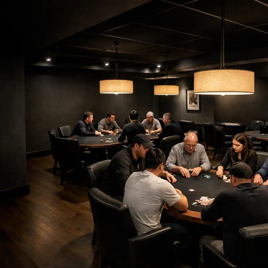 Dedicated poker room with professional felt tables and composed players