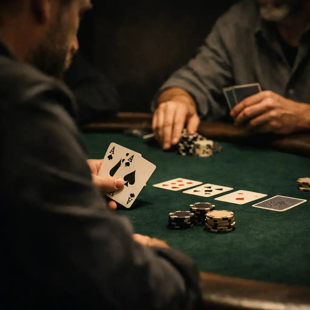 Focused players and hands across a real poker table