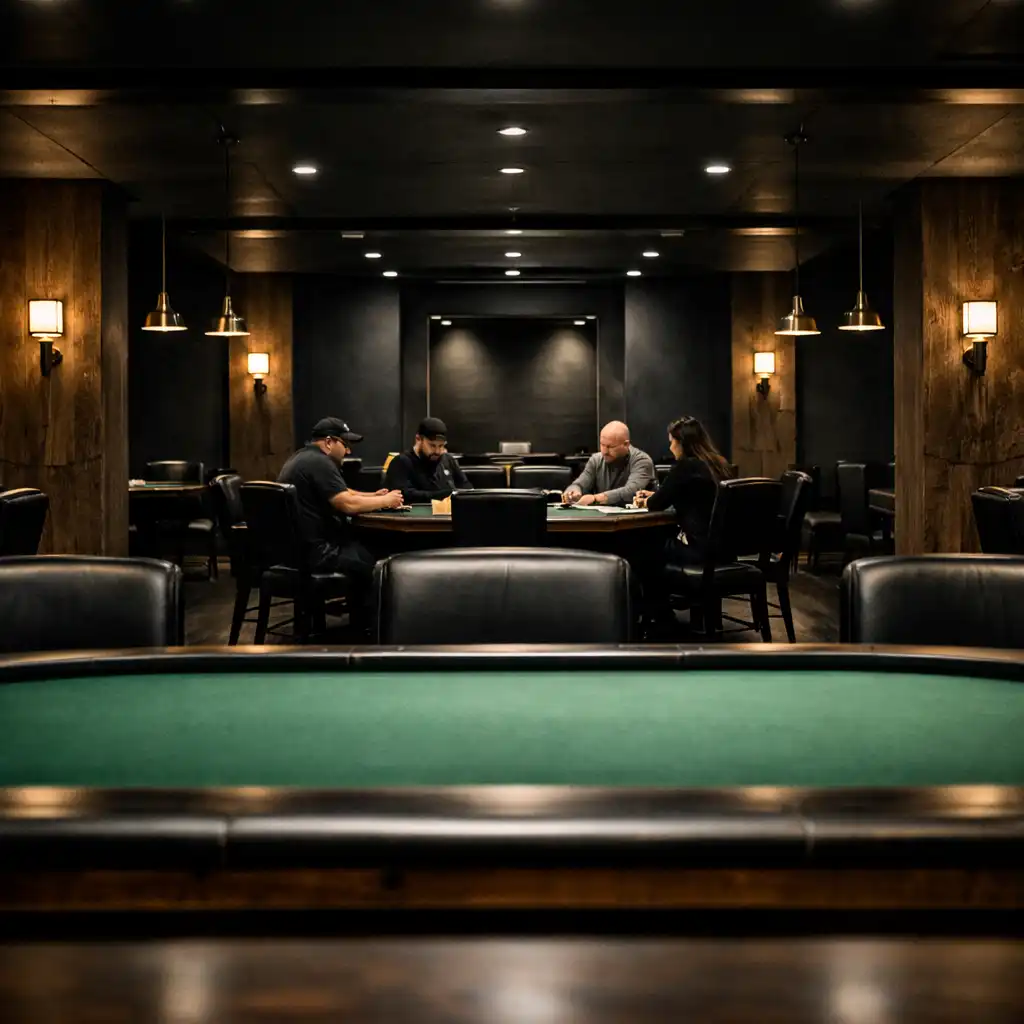Dedicated poker room showing aligned tables and room geometry