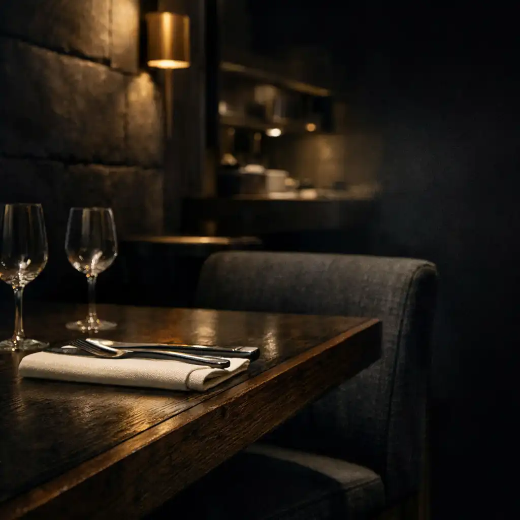 Refined dark restaurant interior detail with timber table edge