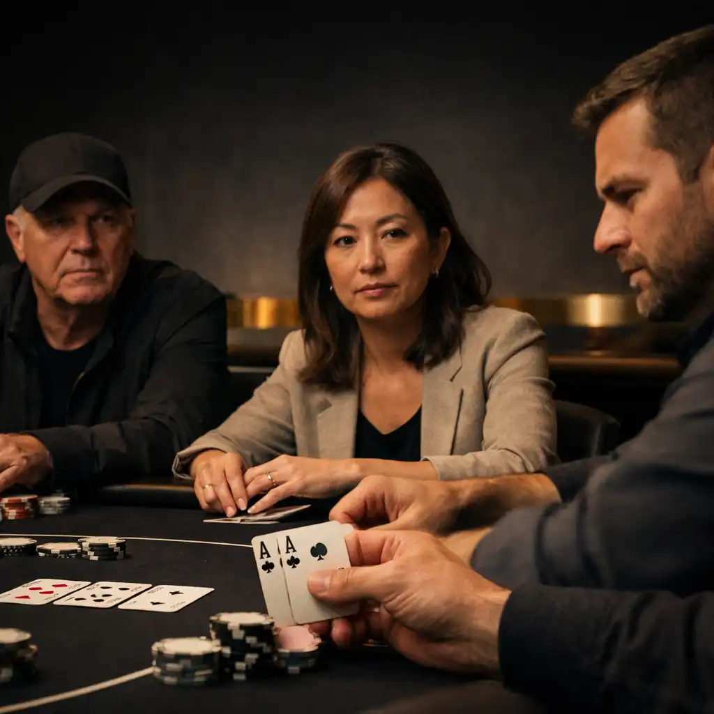 Composed adult poker players seated face-to-face at a black-felt table