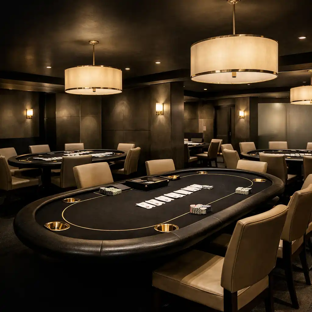 Dedicated poker room with black-felt tables and warm practical lighting