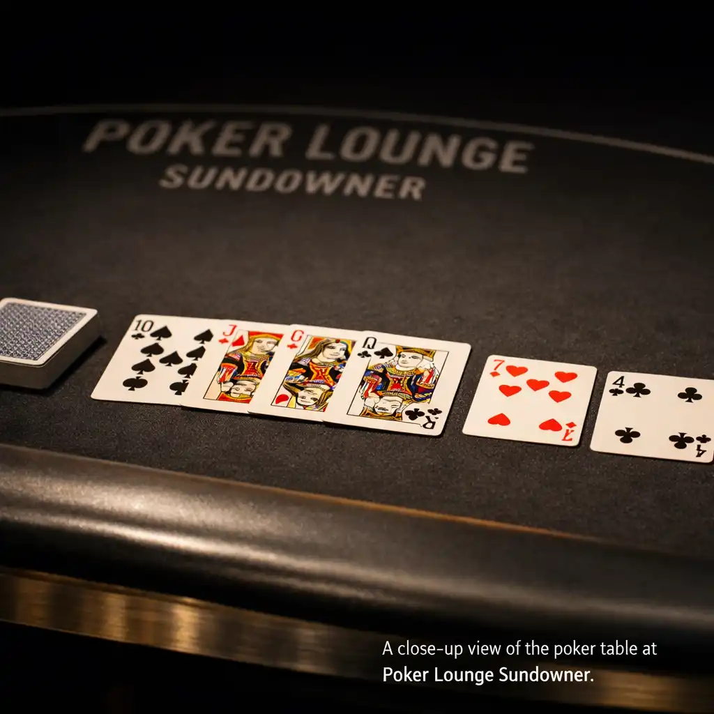 Real playing cards arranged on a matte black-felt poker table