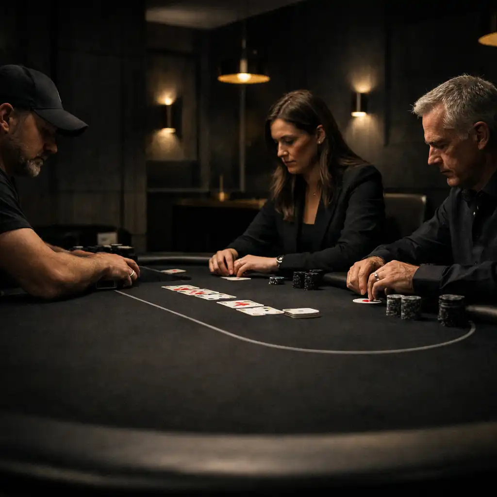 Focused adult players seated around a real poker table in the dedicated room