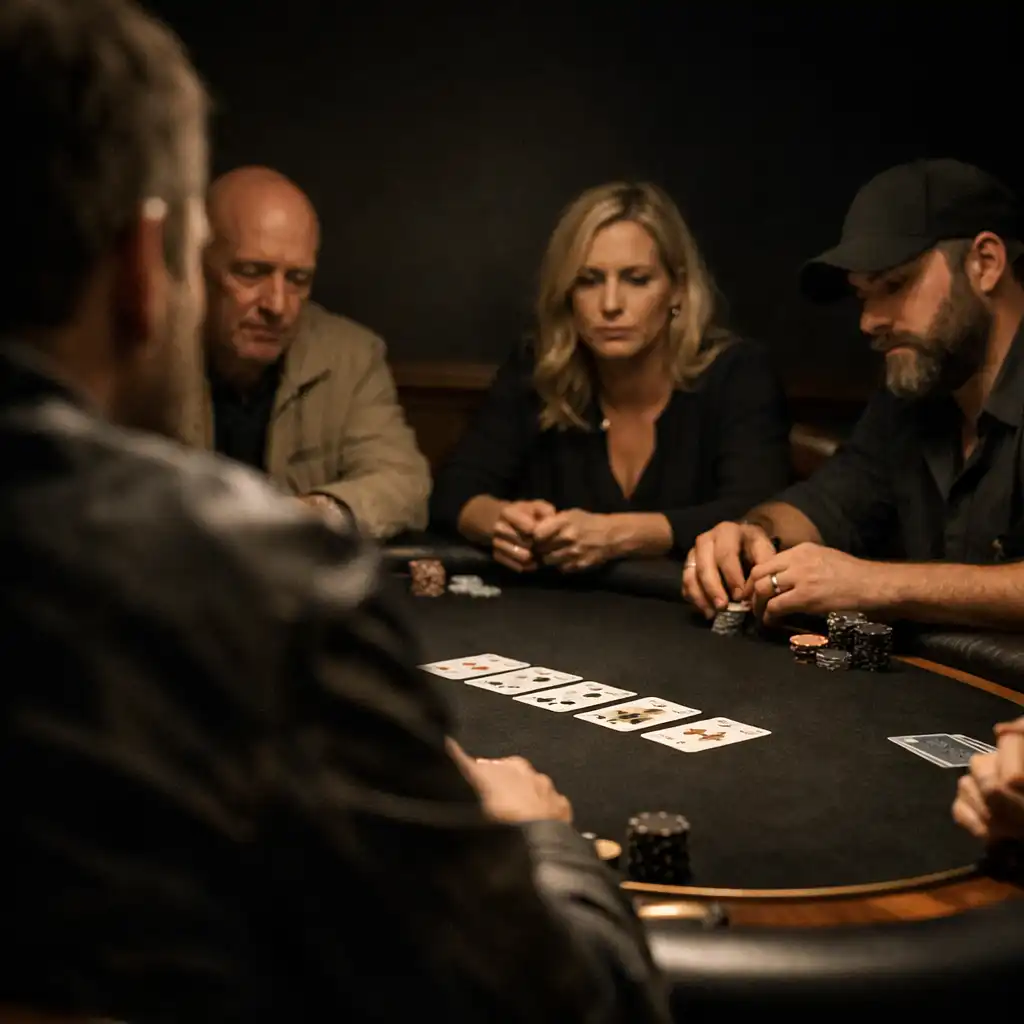 Small group focused on face-to-face poker at a real table