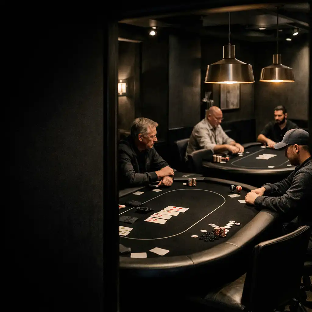 Dedicated poker room with real tables, cards and composed players