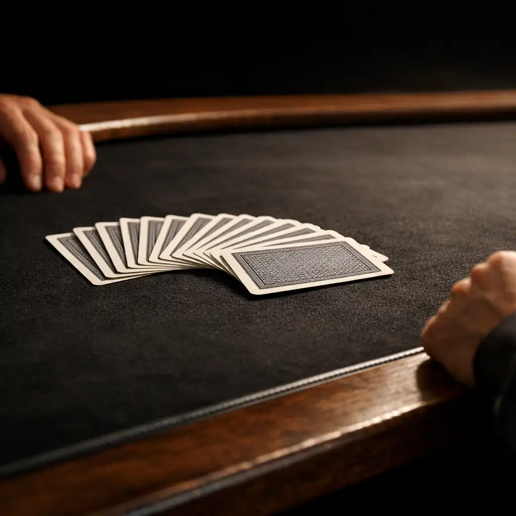 Black felt poker table with real cards and players' hands
