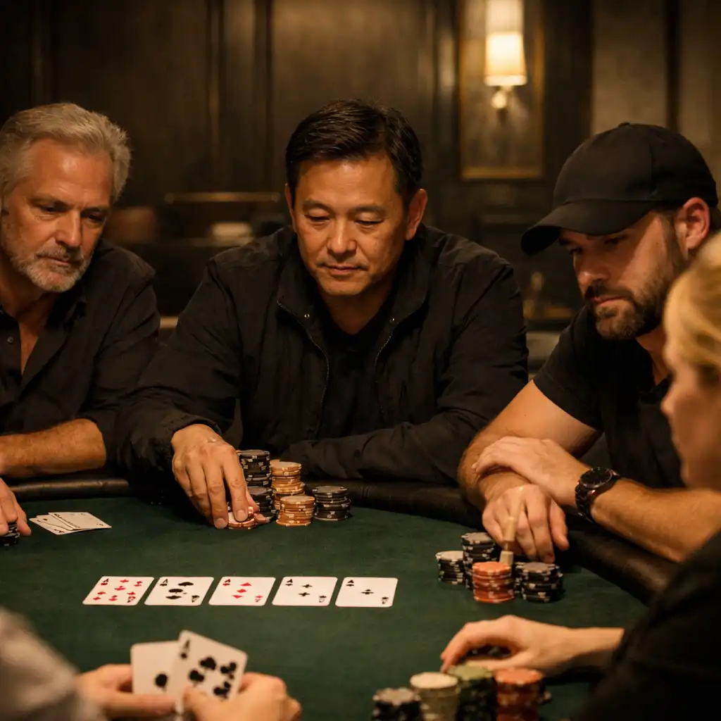 Attentive adult players gathered around a felt poker table in a dedicated room
