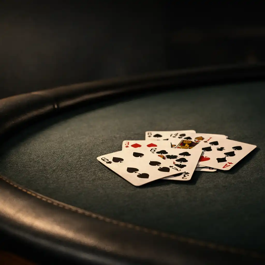 Close view of real cards resting on a professional black felt poker table