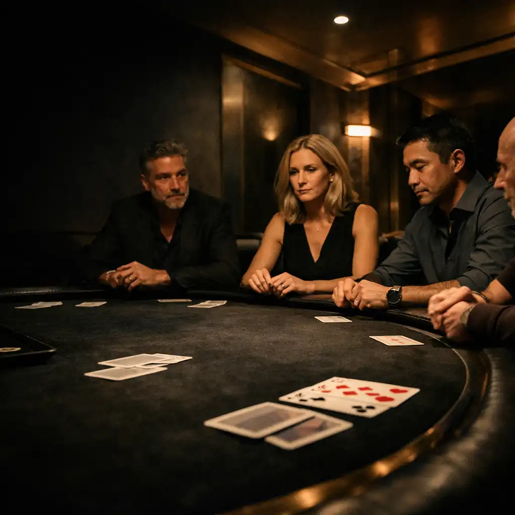 Composed adult players seated face-to-face around a black felt poker table