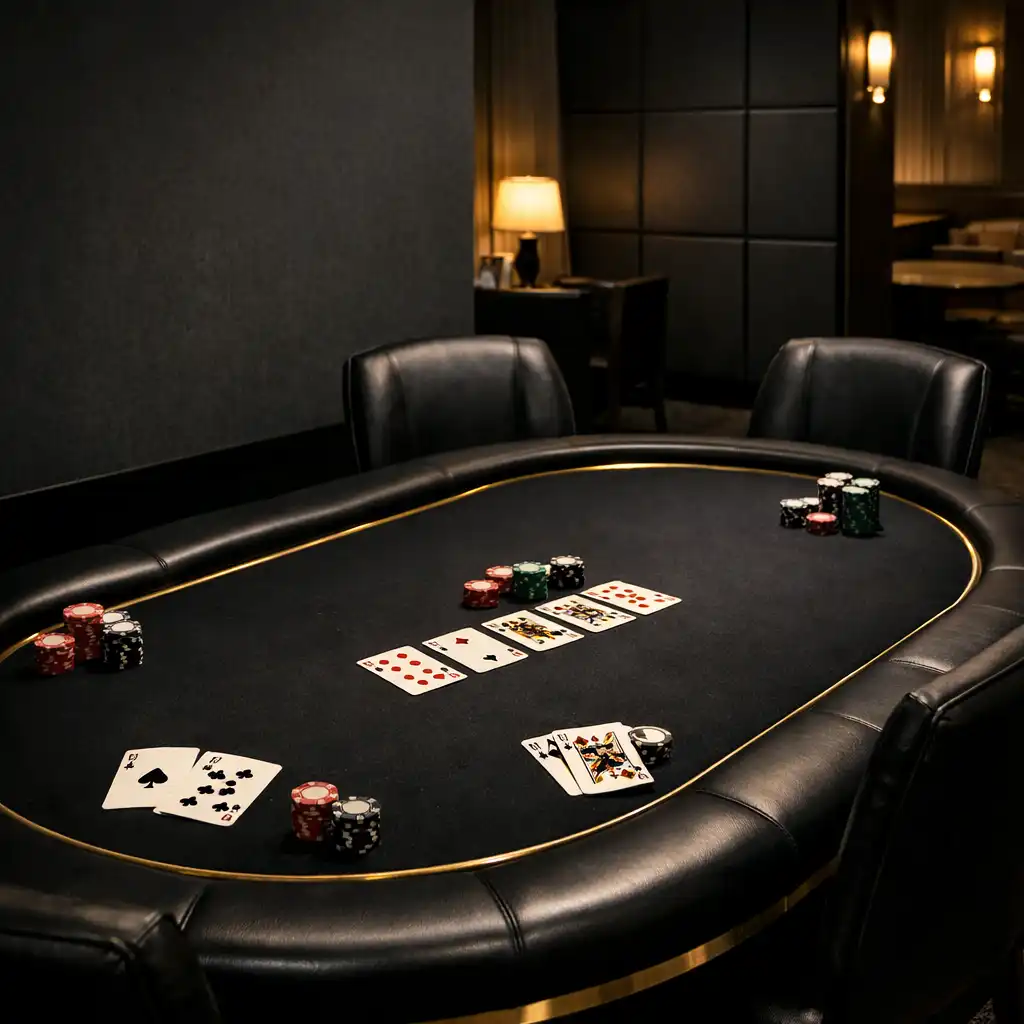 Prepared private poker table with chairs and cards in a quieter card-room setting