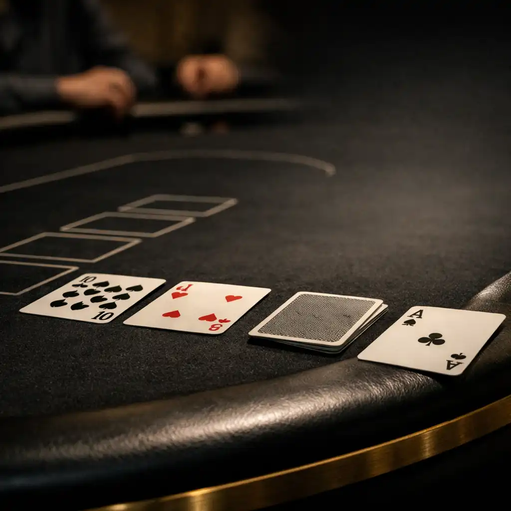 Close detail of black felt, cards and rail edge on a professional poker table
